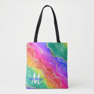 Bright Rainbow & Gold Faux Glitter Agate Monogram Tote Bag