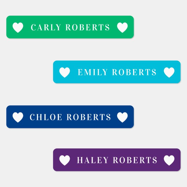 Bright Rainbow Heart Kids Name Waterproof Labels (Group)