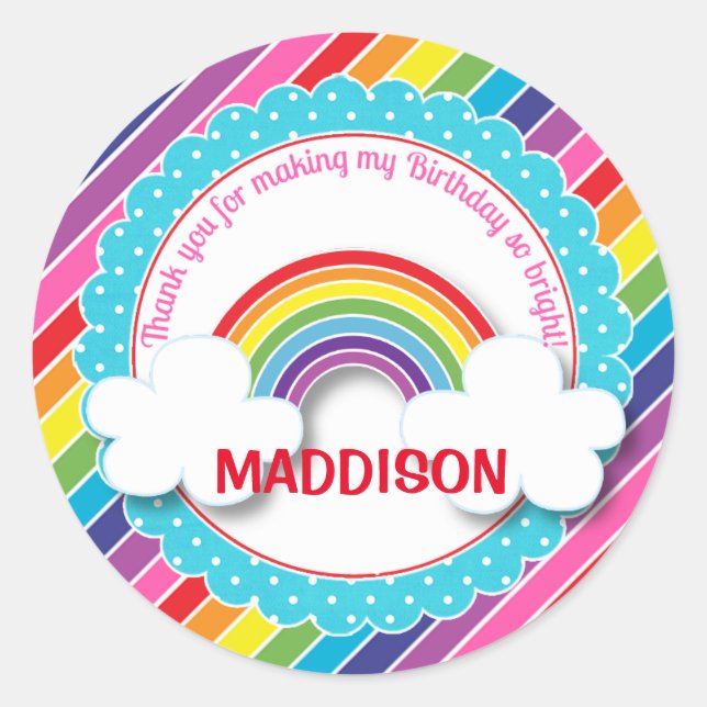 Bright rainbow kids girls birthday stickers favour (Front)