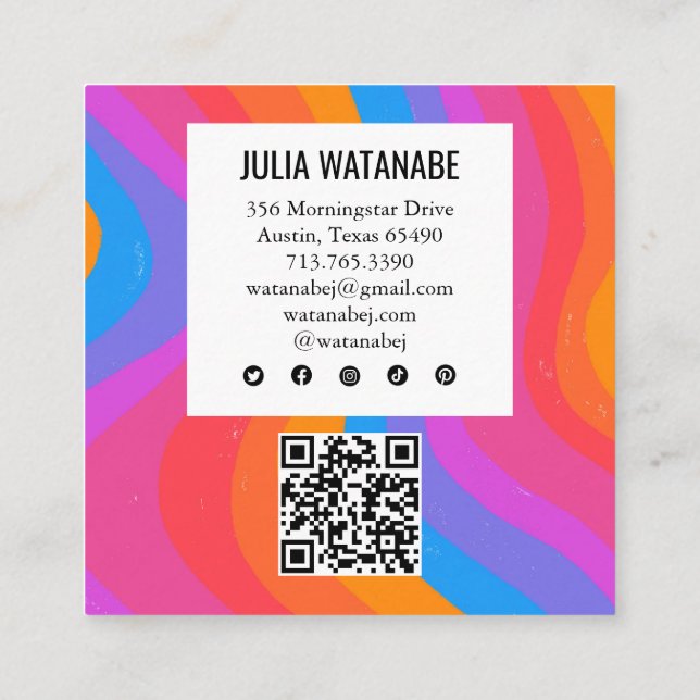Bright Rainbow Minimalist Stripes QR Social Media Square Business Card (Back)