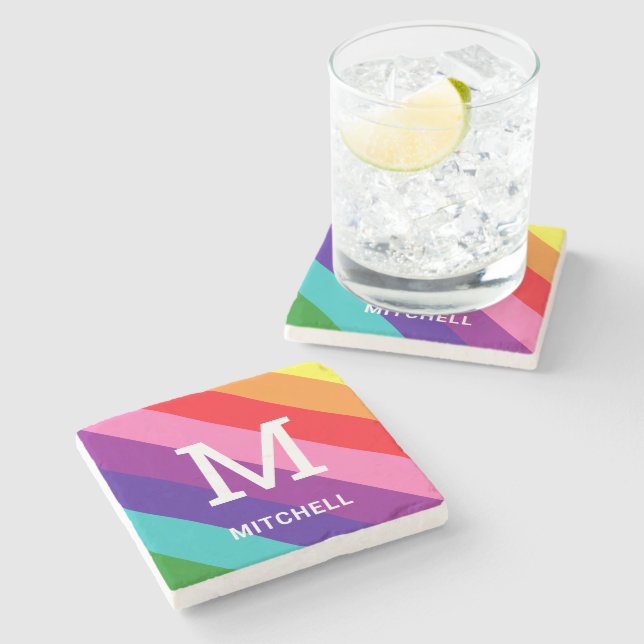 Bright Rainbow Monogram Family Name Pride Stone Coaster (Side)