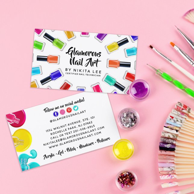 Bright Rainbow Nail Art Tech Salon Social Media Business Card (Creator Uploaded)