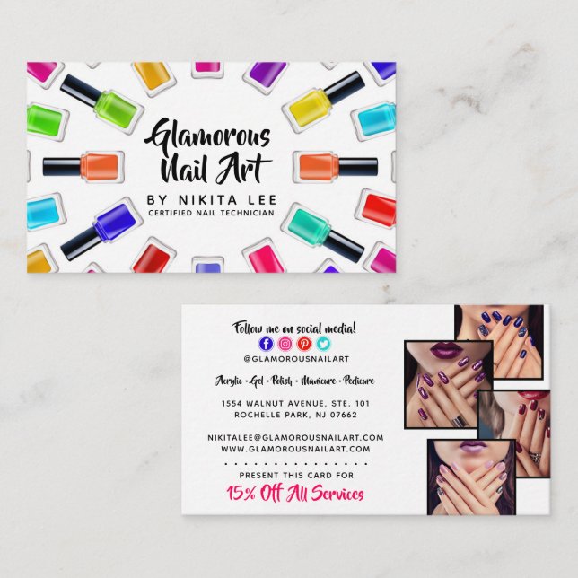 Bright Rainbow Nail Polish Art Tech Salon 4-Photo Business Card (Front/Back)