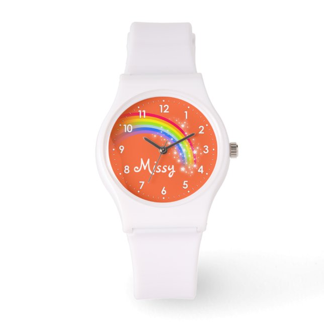 Bright rainbow orange name wrist watch (Front)