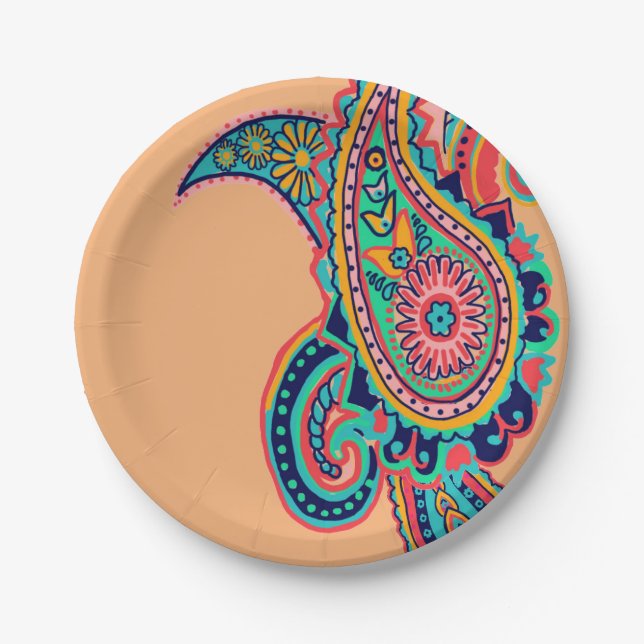 Bright Rainbow Paisley Paper Plate (Front)