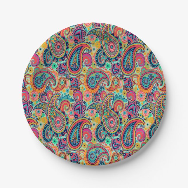 Bright Rainbow Paisley Paper Plate (Front)