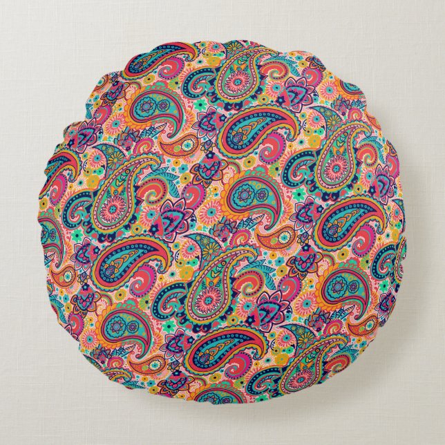 Bright Rainbow Paisley Round Cushion (Front)