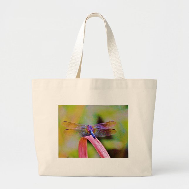 Bright Rainbow Pink Dragonfly Large Tote Bag (Front)
