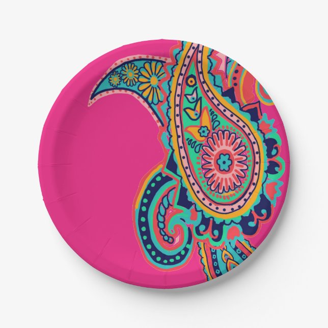 Bright Rainbow Pink Paisley Paper Plate (Front)