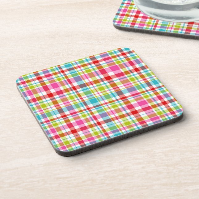 Bright Rainbow Plaid Checkered Pattern Coaster (Left Side)