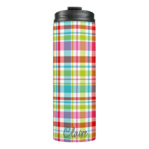 Bright Rainbow Plaid Checkered Pattern Custom Name Thermal Tumbler