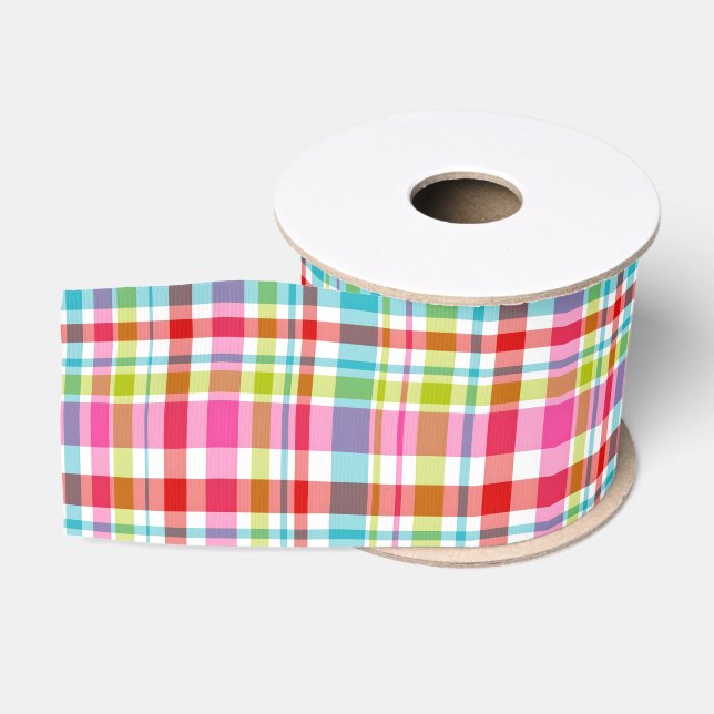Bright Rainbow Plaid Checkered Pattern Grosgrain Ribbon (Spool)
