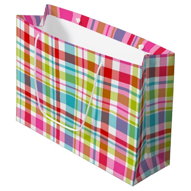 Bright Rainbow Plaid Checkered Pattern Large Gift Bag (Front Angled)