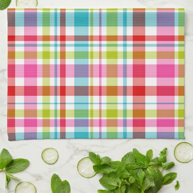 Bright Rainbow Plaid Checkered Pattern Tea Towel (Folded)