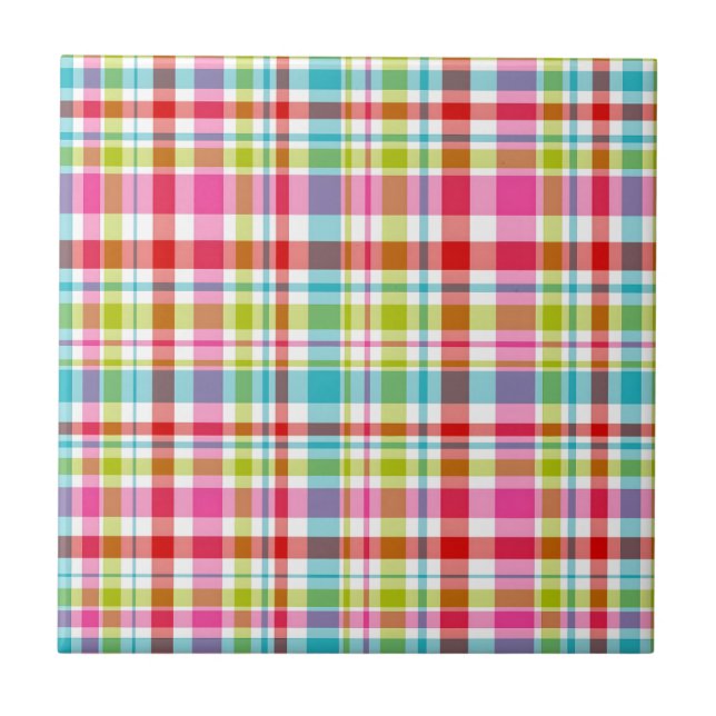 Bright Rainbow Plaid Checkered Pattern Tile (Front)