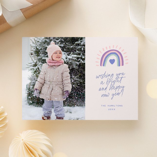 Bright Rainbow Script Happy New Year Photo Holiday Card (bright and colorful new year photo card with hand drawn rainbow)