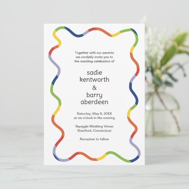 Bright Rainbow Squiggle Frame Modern Wedding Invitation (Standing Front)