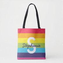 Bright Rainbow Stripe Initial Name Tote