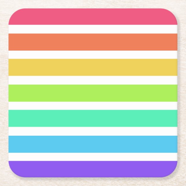 Bright rainbow stripes square paper coaster (Front)