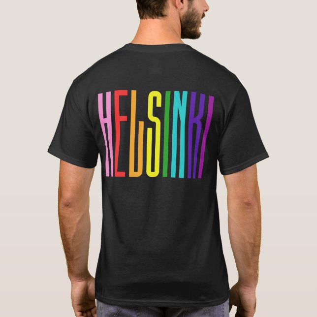 Bright Rainbow Text LGBTQ Helsinki Gay Pride LGBT T-Shirt (Back)