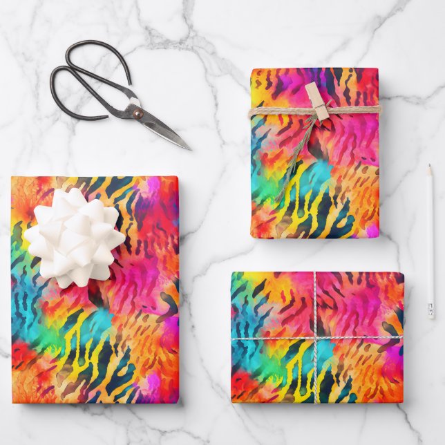 Bright Rainbow Tiger Stripes Wrapping Paper Sheet (Front)