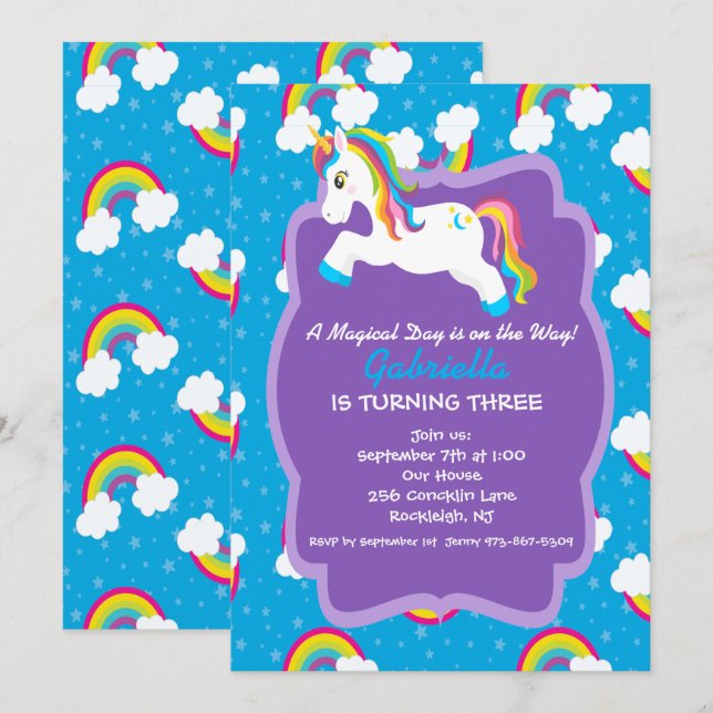 Bright Rainbow Unicorn Birthday Invitation (Front/Back)
