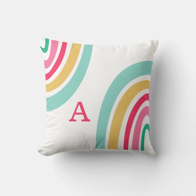 Bright Rainbows with Child's Monogram Colourful Lumbar Cushion (Front)