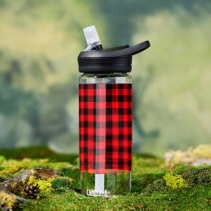Bright Red and Black Buffalo Plaid, Chequered Water Bottle