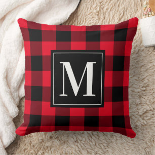 Bright Red and Black Buffalo Plaid Custom Monogram Cushion