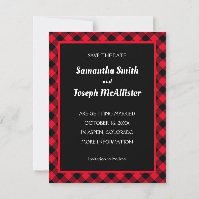 Bright Red and Black Buffalo Plaid Save the Date Invitation (Front)