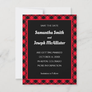 Bright Red and Black Buffalo Plaid Save the Date Invitation