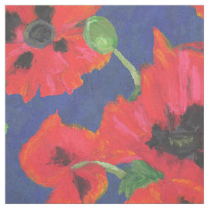 Bright Red and Black Oriental Poppies on Blue Fabric
