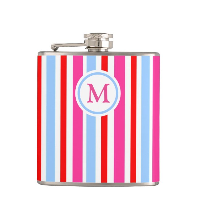 Bright Red and Blue Candy Stripes Monogram Hip Flask (Front)