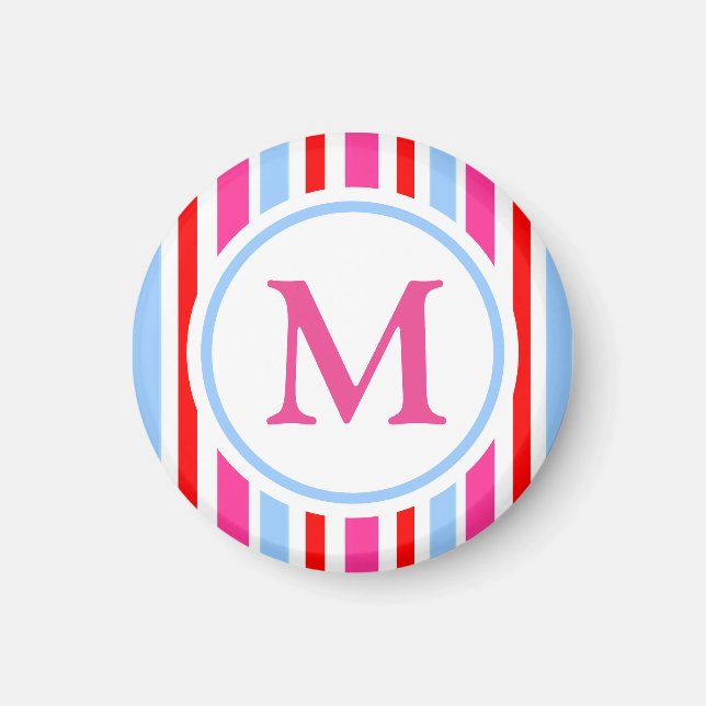 Bright Red and Blue Candy Stripes Monogram Magnet (Front)