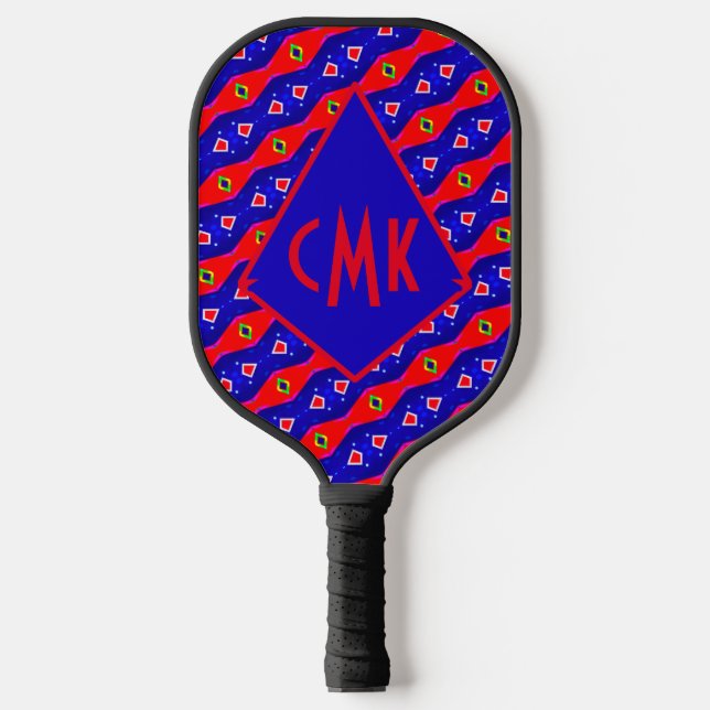 Bright Red and Blue Digital Art Diamond Trellis Pickleball Paddle (Front)