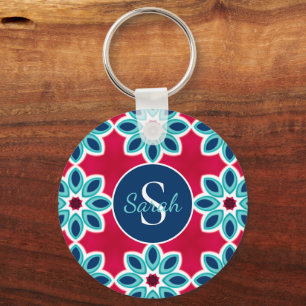 Bright Red and Blue Modern Geometric Personalised Key Ring