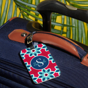Bright Red and Blue Modern Geometric Personalised Luggage Tag