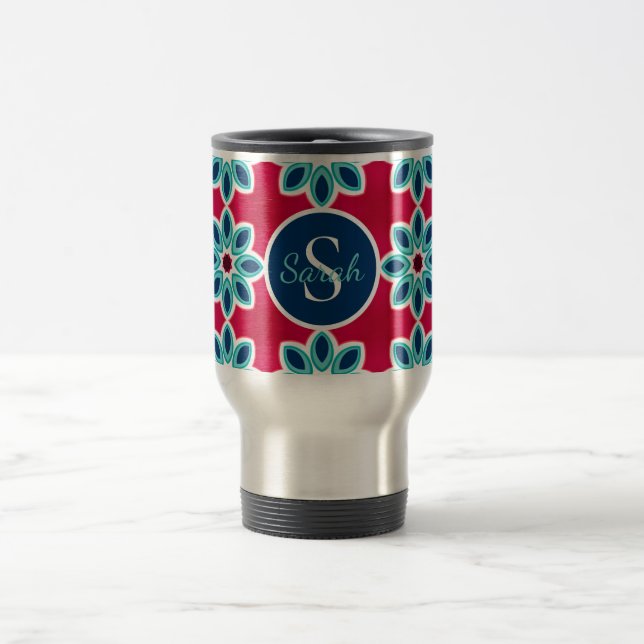 Bright Red and Blue Modern Geometric Personalised Travel Mug (Center)