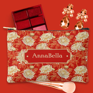 Bright Red and Cream Chrysanthemum Accessory Pouch