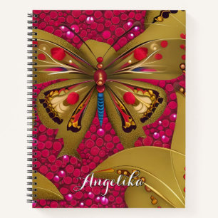 Bright Red and Gold Butterfly Personalised Name Notebook