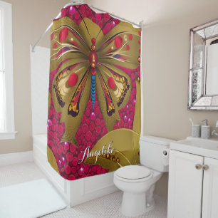 Bright Red and Gold Butterfly Personalised Name Shower Curtain