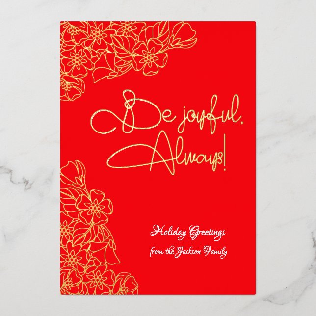 Bright Red and Gold Floral Joyful Photo Christmas Foil Holiday Card (Front)