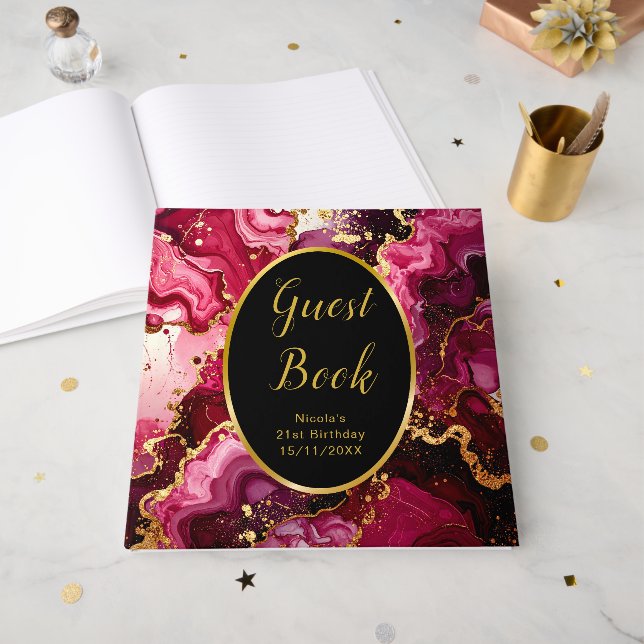 Bright Red and Gold Marble Agate Birthday Party Guest Book (Front Open)