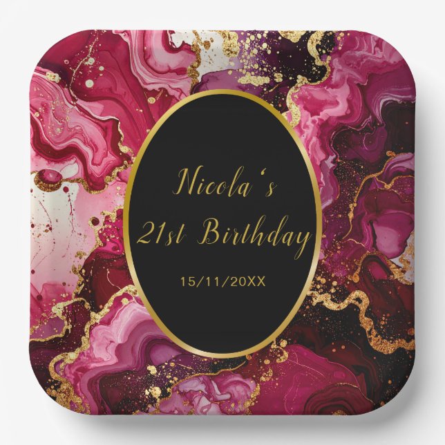 Bright Red and Gold Marble Agate Birthday Party Paper Plate (Front)