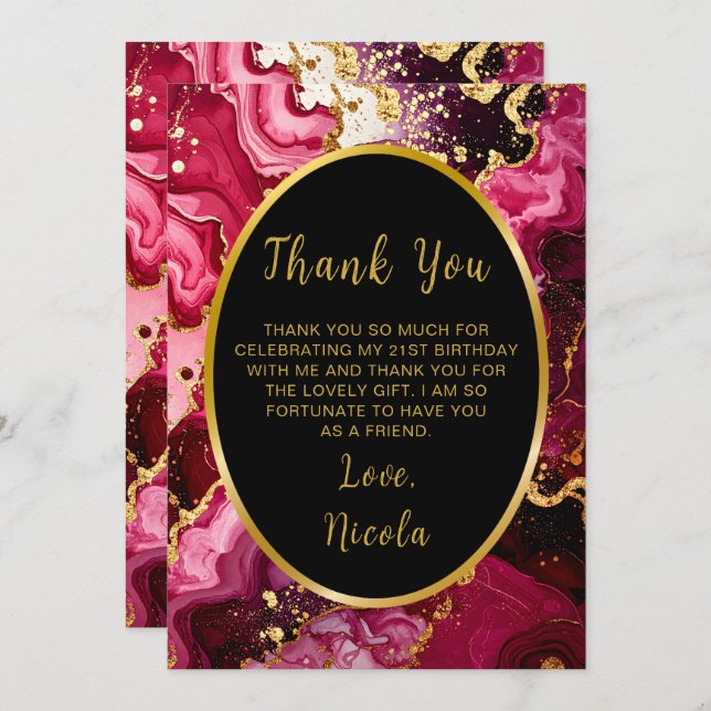 Bright Red and Gold Marble Agate Birthday Party Thank You Card (Front/Back)