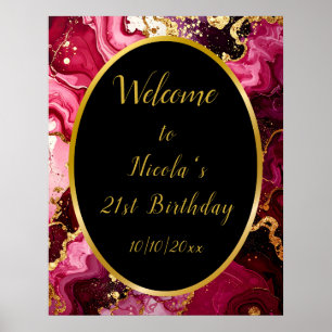 Bright Red and Gold Marble Agate Birthday Welcome Poster