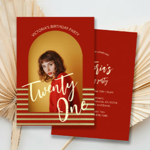 Bright Red and Gold Photo 21st Birthday Party Invitation