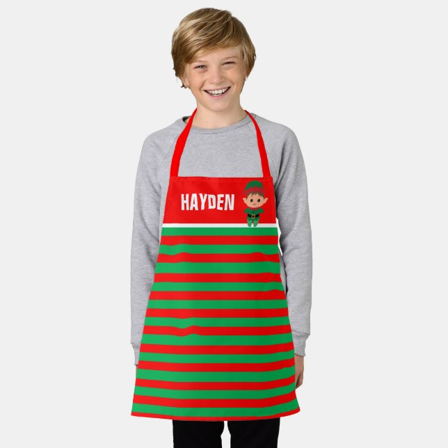 Bright Red and Green Elf Striped Personalised Apron (Worn)