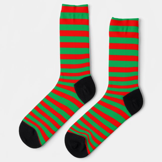 Bright Red and Green Striped Elf Socks (Left)