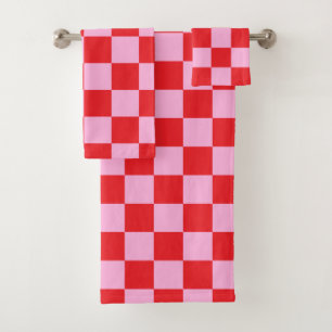 Bright Red and Light Pink Checkered Bath Towel Set